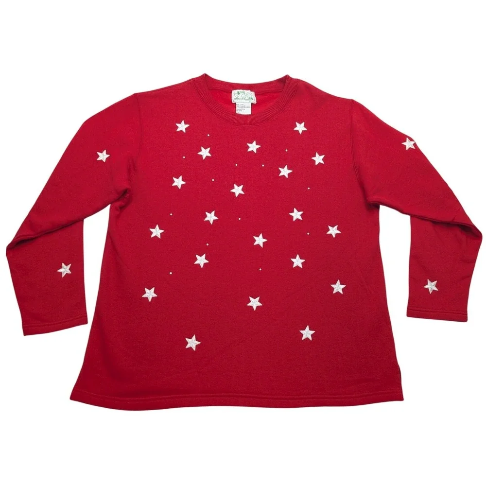 The Quacker Factory Sweatshirt Women Large Red Embroidered Stars Rhinestone - Picture 1 of 9